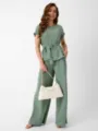 Green two-piece casual suit with belt and matching handbag for women fashion wear SKU - S / Top And Bottom / Green