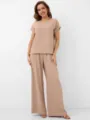 Casual beige two piece set women short sleeve top and wide leg pants summer outfit stylish - S / Top And Bottom / Rice Brown