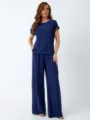 Elegant navy blue two-piece set featuring short-sleeve top and wide-leg trousers for women. - S / Top And Bottom / Dark Blue