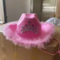 Pink rhinestone crown western cowboy hat with feather trim detail for party stage. - One Size / Pink