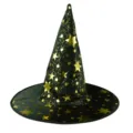 Detailed view of black witch hat with gold star patterns, magical party decoration prop. - Black