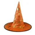 Halloween orange witch hat with gold stars, magical wizard cap for holiday costume party decor. - Orange