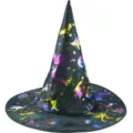 Halloween witch hat detail featuring colorful holographic bats, pumpkins, and stars on black fabric. - Iridescent Gold