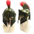 Ancient Roman Spartan warrior helmet with red plume, ideal for Halloween and party costumes. - Ancient Roman Warrior Helmet (Spartan Helmet) / Gold