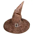 Brown crackled witch hat with sparkling rhinestone buckle, perfect for Halloween party costume. - Wizard Hat With Buckle / Brown