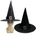 Black Halloween witch hat featuring rhinestone buckle, ideal for party and cosplay use. - Pointed Buckle Style / Black