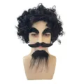 Black curly party wig set with thick eyebrows and mustache for Halloween cosplay dress up. - One Size / Afro Wig And Beard Eyebrow Set / Black