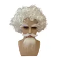 White curly wig with matching beard and eyebrows, perfect for party cosplay and festival dressing. - One Size / Afro Wig And Beard Eyebrow Set / White