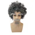 Grey curly wig and beard set for party costume, funny scientist or old man cosplay wig. - One Size / Afro Wig And Beard Eyebrow Set / Off-White