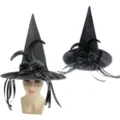 Schwarzer Halloween Hexenhut mit Rosen und Federn, ideal fur Kostumparty und Cosplay. - Rosen Feder Band Stil / Schwarz