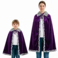 Parent-child matching purple velvet royal costume cape with faux fur trim for party - 80cm / Deep purple