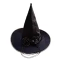 Schwarzer Hexenhut für Halloween Party, spitzer Kostümhut mit Stoffrosen und Perlketten. - Einheitsgröße / Perlenkette Rosenstil / Schwarz