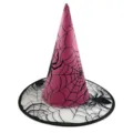 Pink Halloween witch hat with black spiderweb pattern, perfect for party costume and cosplay. - Double Layer Mesh Spider Web Pattern / Rose Red