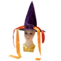 Chapeau de sorcière violet en velours d'Halloween avec longs rubans et roses décoratives - Chapeau violet