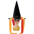 Chapeau de sorcière noir d'Halloween avec rubans rouge orange et roses noires pour fête et cosplay. - Bonnet noir
