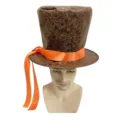 Brown top hat with orange ribbon, retro magician costume hat for party and cosplay events. - Brown (Suede)