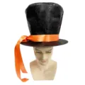 Black vintage top hat with orange ribbon, classic magician costume hat for party events. - Black (Suede)