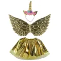 Gold unicorn costume set for kids, featuring sparkly wings, headband and tutu skirt for parties. - One Size / Set / Three-Piece Set / Gold