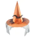 Cappello da strega di Halloween arancione con velo a rete nera, rosa in raso e piume. - Cappello Rosa / Arancione