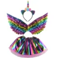 Unicorn costume set for kids, including headband, rainbow wings, and tutu skirt for party. - One Size / Vertical Stripe Skirt Set / Three-Piece Set / Colorful