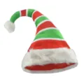 Festive red and green striped Christmas elf hat with white plush trim and pom-pom for holiday party. - Curved Red Green Striped (0906)