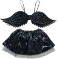Black devil wings costume set with shiny skirt and shoulder straps for kids dress up party - One Size / Wings and Skirt Set / Black
