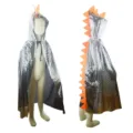 Kids silver scale dinosaur hooded cape costume with bright orange spikes for party dress up. - Hooded 120cm / Robe / Silver