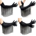 Elegante schwarze lange Opernhandschuhe mit Fransen für elegante Abendpartys und Events. - 55 cm / Schwarz