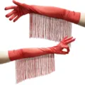 Rote lange Satin Fransen Handschuhe für Abendparty, Bühnenperformance, Hochzeitskleid. - 55 cm / Rot