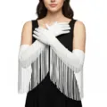 Weisse lange Fransen-Handschuhe für Damen, elegante Satin-Opernhandschuhe für Party und Bühne. - 55 cm / Weiß