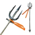 Halloween plastic trident cosplay prop with orange ribbon, vintage silver finish weapon toy. - Poseidon Trident Weapon / Silver-Plated Copper