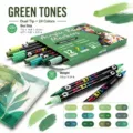 Set de 24 Rotuladores de Pintura Acrílica Doble Punta para Lienzo Dibujo Arte Manualidades - Tonos verdes [12 piezas, 24 colores]