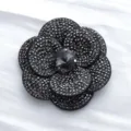 Black rhinestone camellia flower brooch sparkling crystal floral shoe clip DIY hair accessory - 6.5cm / Black