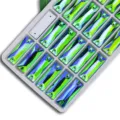 Green blue AB color rectangular glass sew-on rhinestones with dual holes for DIY clothing crafts. - 7x21mm 24 Pcs/Pack / 31 Grass Green AB