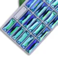 Crystal glass sew-on rhinestones detail view, long rectangular shape with dual holes, AB color. - 28 Lake Blue AB
