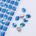 Blue flatback sew-on glass rhinestones, dual-hole fancy diamond crystals for DIY apparel bags. - Peacock Blue AB