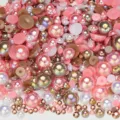 Colorful flatback pearls and rhinestones mix set for DIY nail art and phone case decoration. - Half-Round Pearls Brown White Pink AB Series - Y