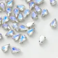 Teardrop crystal claw rhinestones AB color sew-on DIY garments shoes bags phone case parts - 50 Pieces/Pack / 3x6mm Teardrop Silver Base White Moonlight