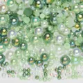 Green mixed flatback pearls and rhinestones for nail art and DIY craft decoration accessories. - Half Round Pearls Mixed Green AB Series - I