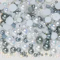 Mixed flatback pearls and rhinestones set for DIY nail art, phone cases, and crafts decor. - Semicircle Pearls Mixed Grey & Off-White AB Series — N