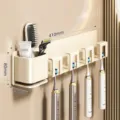 Wandmontierter Zahnbürstenhalter mit Becher und Haken für elektrische Zahnbürsten im Badezimmer. - Einfacher Stil (Vier Plätze) / Creme