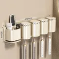 Wandmontierter Zahnbürstenhalter mit Bechern, bohrfreier Bad-Organizer für elektrische Zahnbürsten. - Mit Bechern (Vier) / Creme