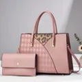 Pink PU leather handbag set with diamond pattern and leopard print detail for women closeup view. - Pink