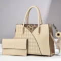 Women stylish patchwork tote bag set with leopard print large capacity shoulder handbag - Khaki