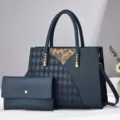 Dark blue women handbag set with geometric argyle and leopard print detail chic daily tote bag - Blue