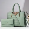 Green patchwork tote bag with leopard accent, matching purse, stylish large capacity shoulder bag. - Green
