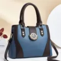 Women litchi pattern contrast color shoulder bag casual fashion handbag with top handle - Blue
