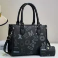 Fashion printed women tote bag with matching pouch, PU leather large capacity shoulder bag. - Black With Black