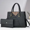 Details of the stylish black patchwork tote bag with geometric diamond and leopard print. - Black