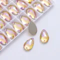 Teardrop crystal rhinestones detail showing double holes and AB color coating for DIY crafts. - Golden AB